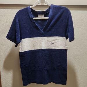 Dior - Vintage Navy and White V-Neck Terry cloth T-Shirt